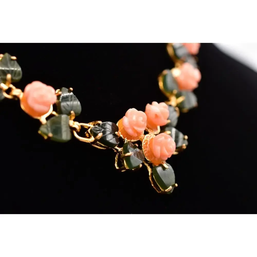 Vintage Carved Rose Leaf Collar Necklace Pink Floral Statement Gold Tone BinBE